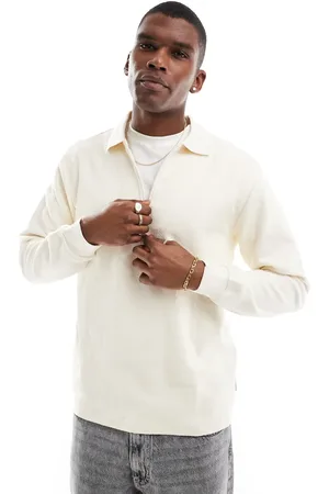 Only & Sons Long sleeve 1/4 zip polo top in cream-White