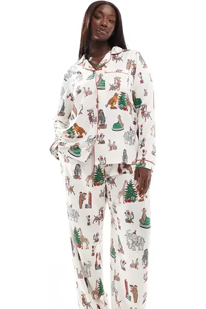 Chelsea Peers Curve Christmas satin circus print long sleeve top and pants pyjama set in -White