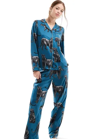 Chelsea Peers Satin panther print button top and pants pyjama set in