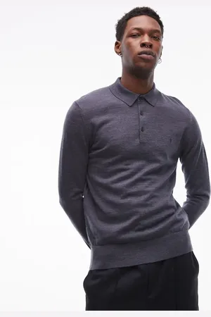 AllSaints Mode Merino long sleeve polo shirt in blue