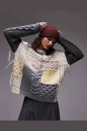 Topshop Knitted chunky oversized patchwork jumper in