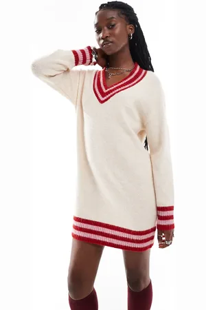 Native Youth Stripe hem v-neck knitted mini dress in stone-Neutral