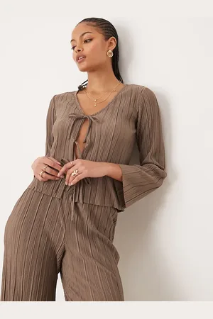 JDY Tie front plisse top in brown (part of a set)
