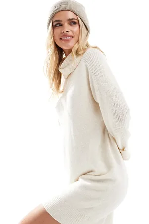 VERO MODA Knitted roll neck mini dress in cream melange-White