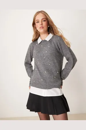 JDY 2in1 knitted jumper with pearl detail in grey