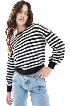 ONLY Fluffy detail stripe jumper in black & white