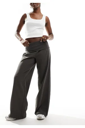 Pull&Bear Turnover waistband wide leg tailored pants in -Grey