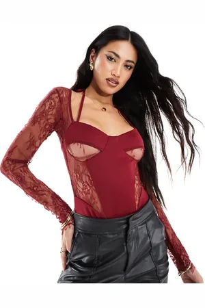 ASOS Lace insert corset bodysuit with shrug detail in -Red