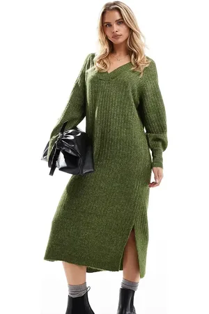 VERO MODA Oversized soft ribbed jumper dress in melange-Green