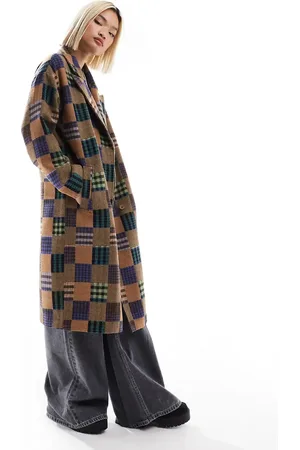 Native Youth Check patch detail oversized coat in multi