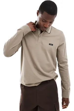 Calvin Klein Stretch pique tipped long sleeve polo in beige-Neutral