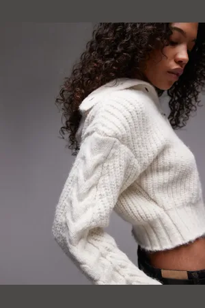 Topshop Knitted chunky cable collar cardi in -White