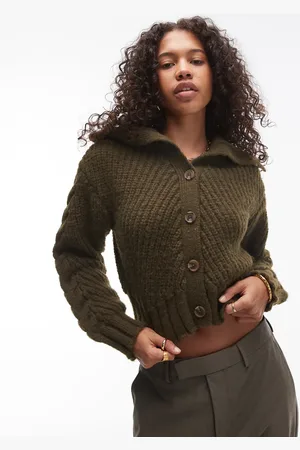 Topshop Knitted chunky cable collar cardi in -Green