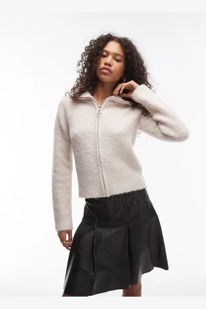Topshop Knitted fluffy boucle zip through cardigan in -Neutral