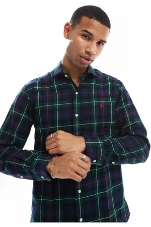 Ralph Lauren Icon logo check sanded twill shirt custom fit in green/red