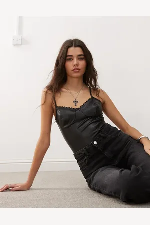 Miss Selfridge Faux leather bodysuit with lace trim in