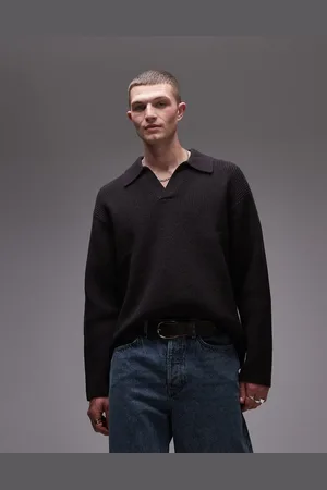 ARKET Knitted rib wool sweater with polo collar in dark