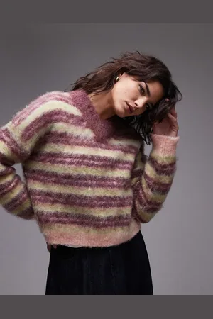 Topshop Knitted ultra fluffy high v stripe jumper in