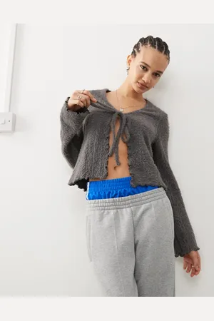 COLLUSION Tie front fluffy cardigan in -Grey