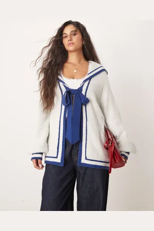 Neon Rose Oversized collar sailor cardigan in cream and navy-Multi