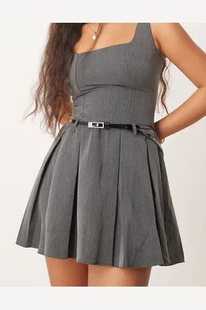 New Look Pleated skirt belted mini dress in grey