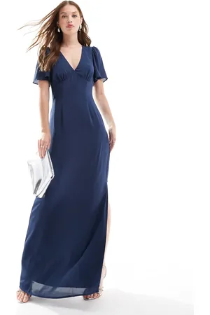 Pretty Lavish Bridesmaid flutter sleeve maxi dress in midnight