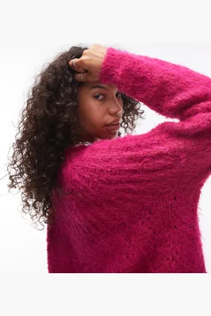 Topshop Knitted super fluffy rib detail relaxed jumper in -Pink