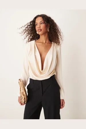 ASOS Satin cowl bodysuit in oyster-Neutral