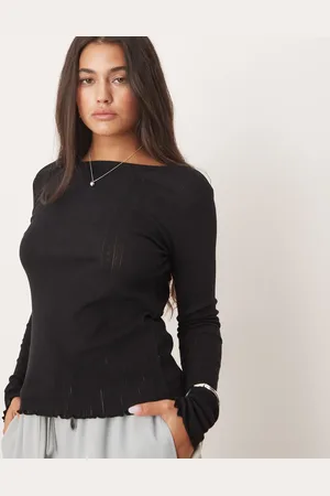 JDY Lettuce edge long sleeve boat neck top in