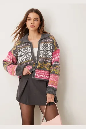 Free People Snowdrift fair isle cardigan in grey and pink