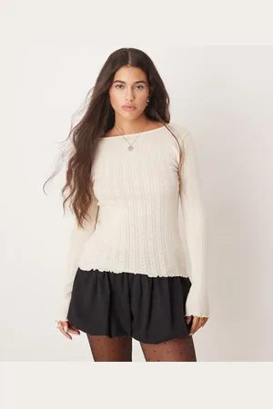 JDY Lettuce edge long sleeve boat neck top in