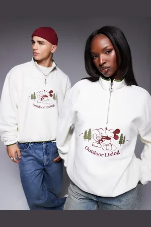 ASOS Disney unisex boxy oversized funnel neck fleece sweatshirt with Mickey Mouse embroidery in beige-Neutral