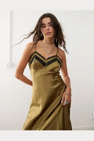 Reclaimed Cami slip dress with lace trim in olive -Brown