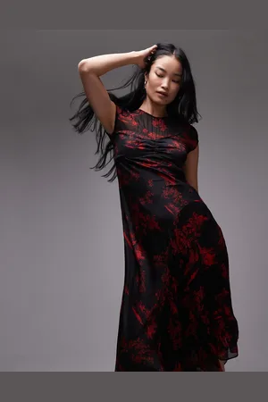 AllSaints Tasha satin and mesh maxi dress in black print-Red
