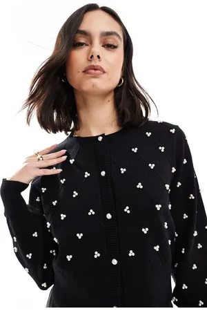The Frolic Exclusive pearl detail diamond stitch puff sleeve cardigan in