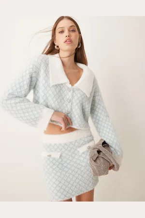 The Frolic Exclusive fluffy diamante button through diamond stitch collar detail cardigan in (part of a set)