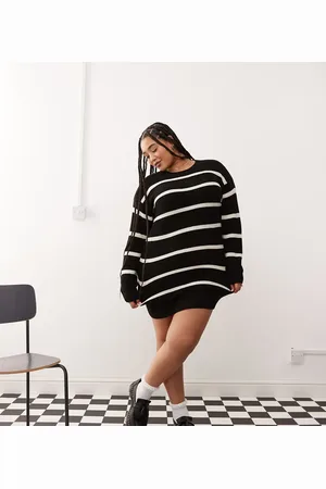 Noisy May Slouchy knitted dress in black with cream stripe