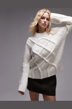Topshop Knitted premium pretzel cable oversized jumper in -White