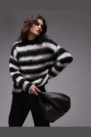 Topshop Knitted boysy ultra fluffy stripe oversized jumper in -Black