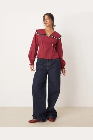Neon Rose Velvet trim collar detail blouse in -Red