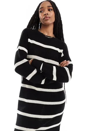 Noisy May Slouchy knitted dress in black with cream stripe-Neutral