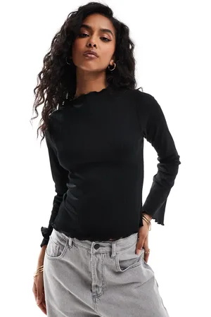 Brave Soul Long sleeve high neck top with lettuce hem in -Blue