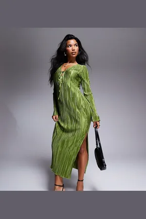 In The Style Exclusive tie front plisse maxi dress in -Green