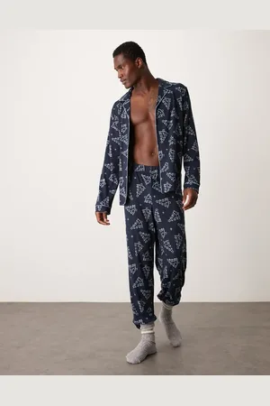 Urban Threads Poly Christmas long sleeve shirt and pants pyjama set in blue christmas tree print