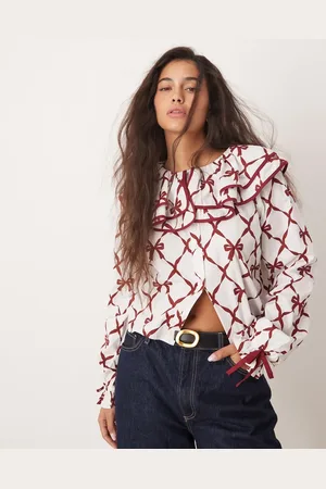 Neon Rose Harlequin bow print collar detail blouse in white and red