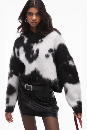 Topshop Knitted ultra fluffy high v-neck jumper in cow print-Multi