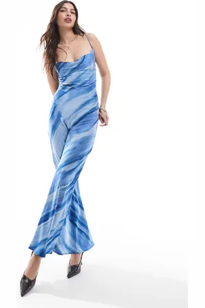 Object Satin low cross back maxi dress in tonal blue zebra print