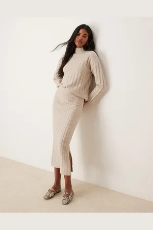 VILA Ribbed maxi skirt in cream (part of a set)-White
