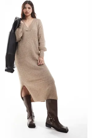 VERO MODA Oversized soft ribbed jumper dress in beige melange-Neutral