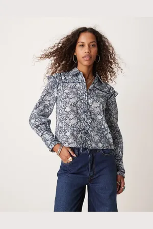 Free People Ditsy floral print ruffle cropped blouse in blue
